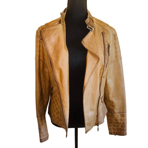 Vintage Max Edition Camel Faux Leather Moto Biker Jacket Coat S Street Style 90s - Picture 2 of 16